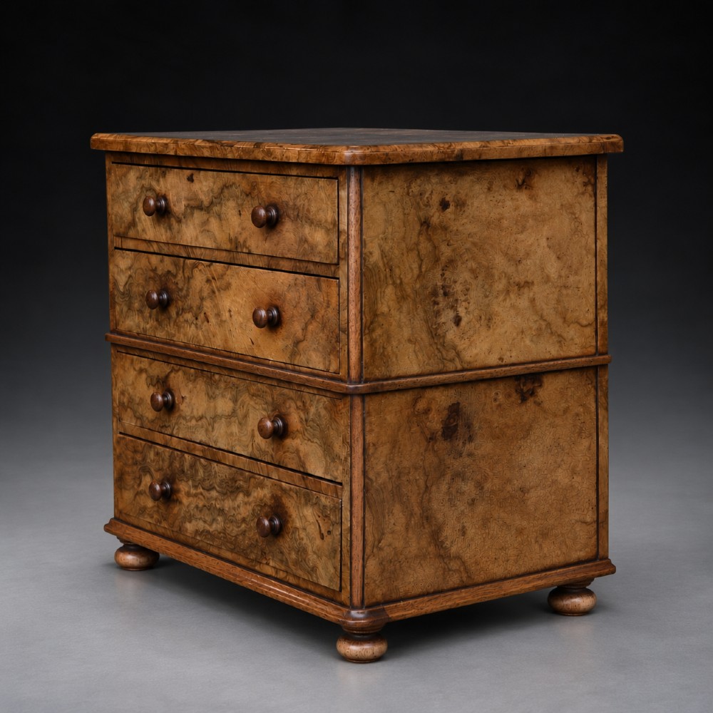 A small antique burr walnut chest of four drawers featuring distinctive swirl grain patterns, turned wooden knobs, and low turned feet. View III