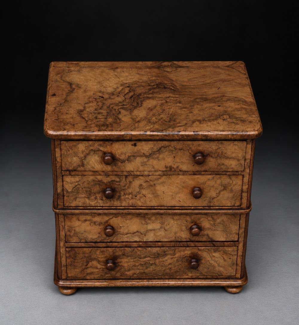 A small antique burr walnut chest of four drawers featuring distinctive swirl grain patterns, turned wooden knobs, and low turned feet. View IV