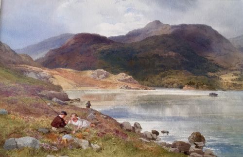 john henry mole watercolour highland landscape with fishermen by a loch - CATEGORY: ANTIQUE ART - DATED 1870
