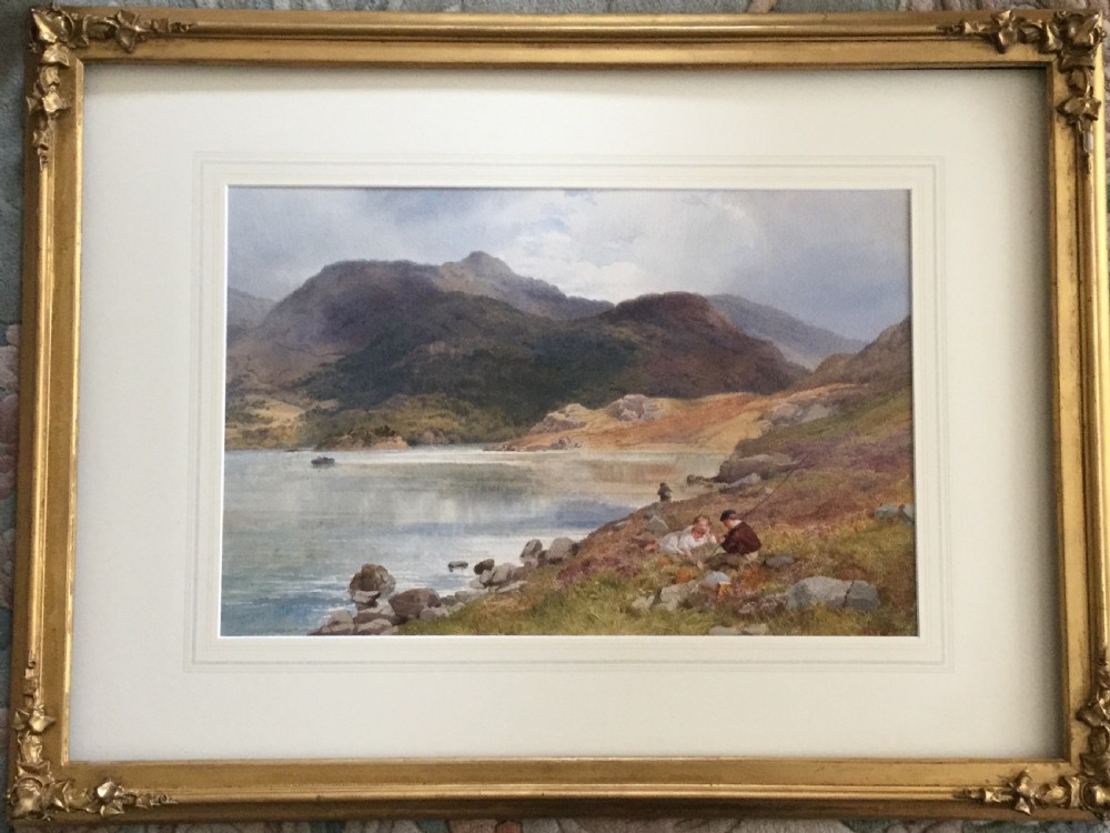 JOHN HENRY MOLE WATERCOLOUR ‘ HIGHLAND LANDSCAPE WITH FISHERMEN BY A LOCH’ View II