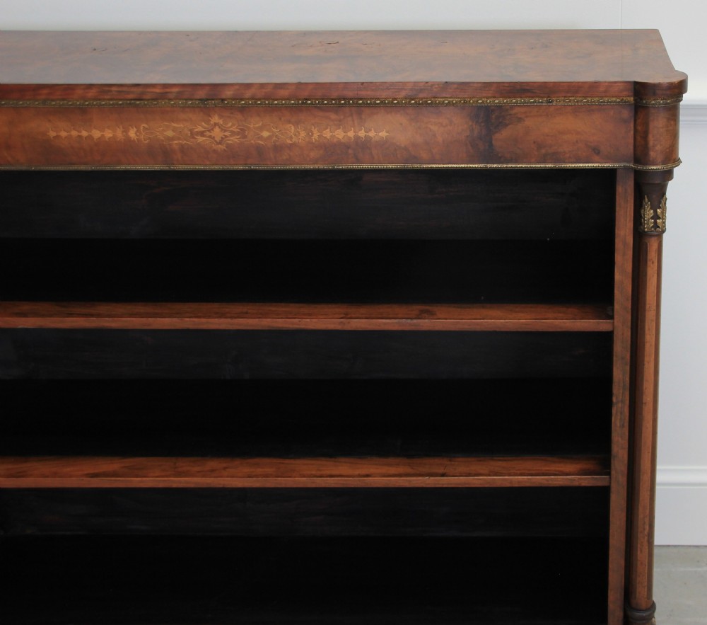 Antique Victorian burr walnut open bookcase  View II