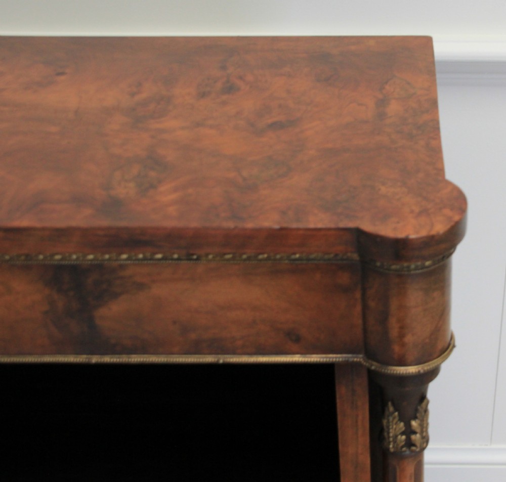 Antique Victorian burr walnut open bookcase  View III
