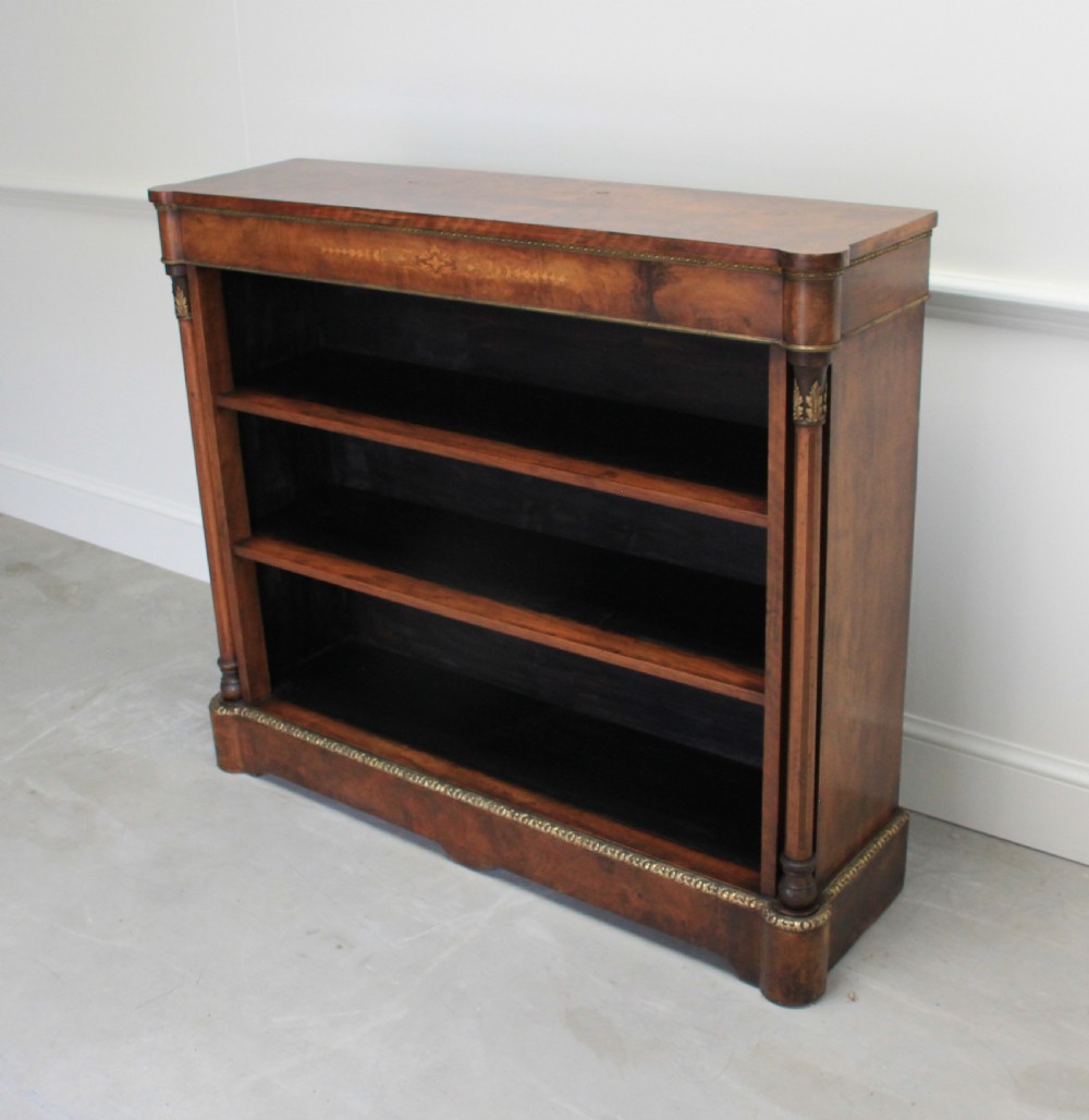 Antique Victorian burr walnut open bookcase  View VI