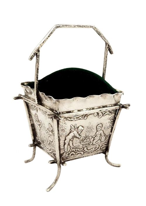 Antique Victorian Sterling Silver Basket Pin Cushion 1896 - Cherubs Playing