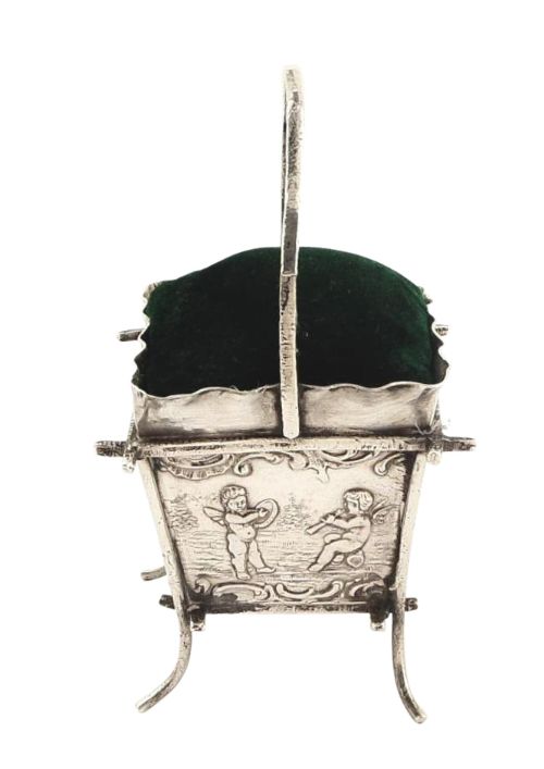 fig 1. Antique Victorian Sterling Silver Basket Pin Cushion 1896 - Cherubs Playing