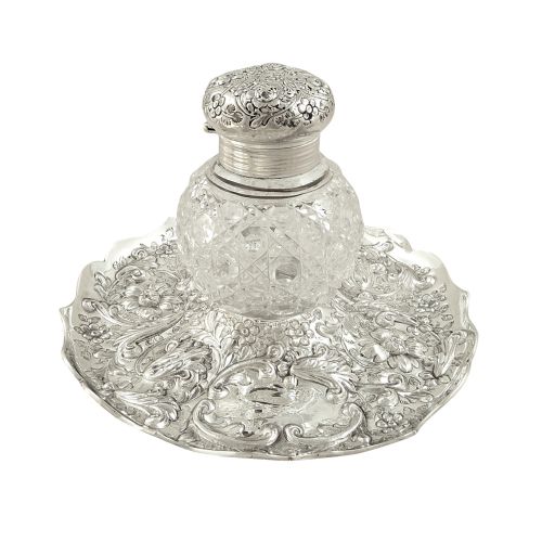 Antique Victorian Sterling Silver & Cut Glass Inkwell on Stand 1889