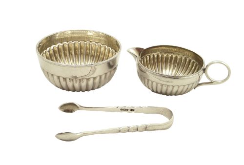 fig 1. Antique Edwardian Sterling Silver Jug, Bowl & Tongs in Case 1904
