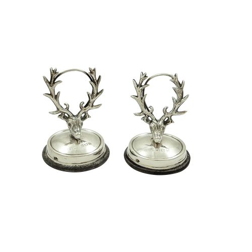 Pair of Antique Edwardian Sterling Silver Stag Head Menu Holders 1907