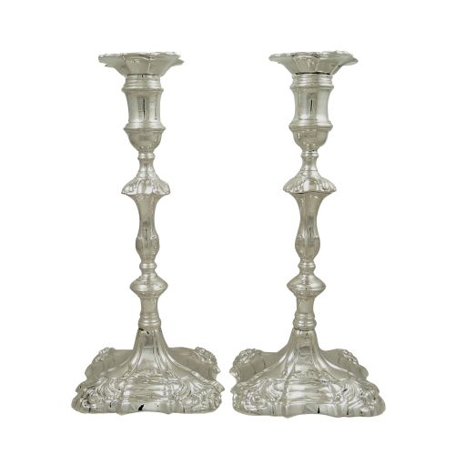 Pair of Antique Georgian Cast Sterling Silver Candlesticks 1756