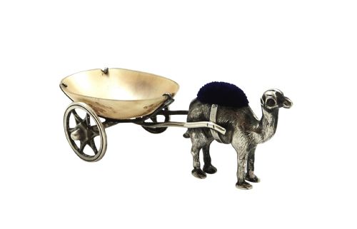 fig 1. Antique Edwardian Sterling Silver Camel with Cart Pin Cushion 1909
