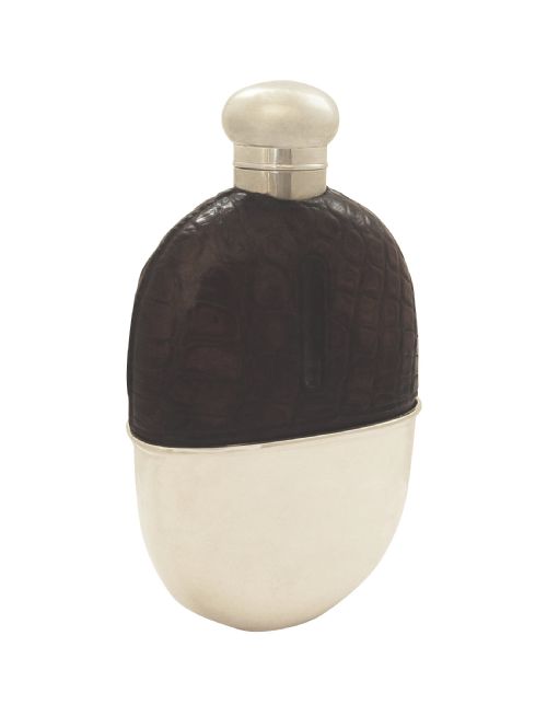 fig 1. Antique  Silver Plated & Crocodile Leather Hip  Flask c1900