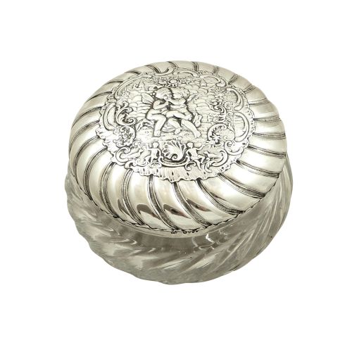 Antique Victorian Sterling Silver & Glass 'Cherub' Vanity Pot / Jar 1896