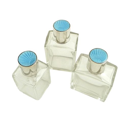 Set of 3 Antique Sterling Silver & Blue Enamel Vanity Jars 1935