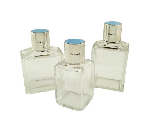 fig 1. Set of 3 Antique Sterling Silver & Blue Enamel Vanity Jars 1935