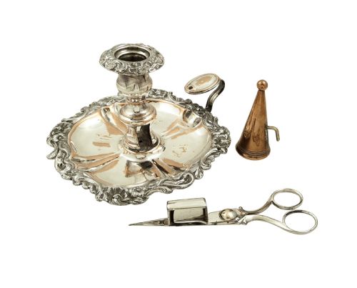 fig 1. Antique Regency Sheffield Plate Chamberstick with Snuffer & Scissors c1820