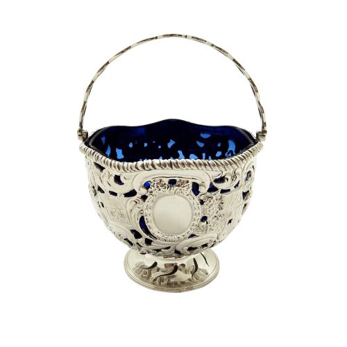Antique Sterling Silver Basket with Scenes & Blue Glass Liner 1901