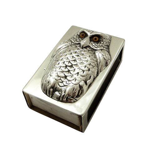 Unusual Antique Edwardian Sterling Silver Owl Match Box Holder 1903