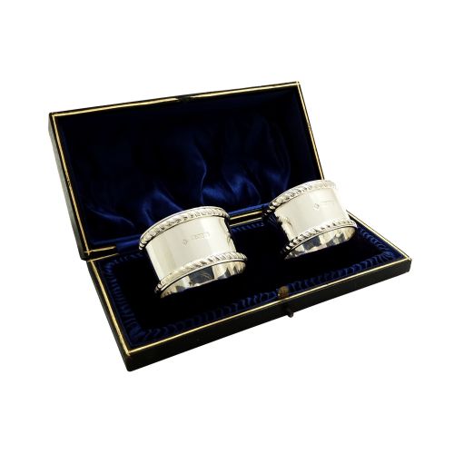 Pair of Antique Edwardian Sterling Silver Napkin Rings in Case 1909