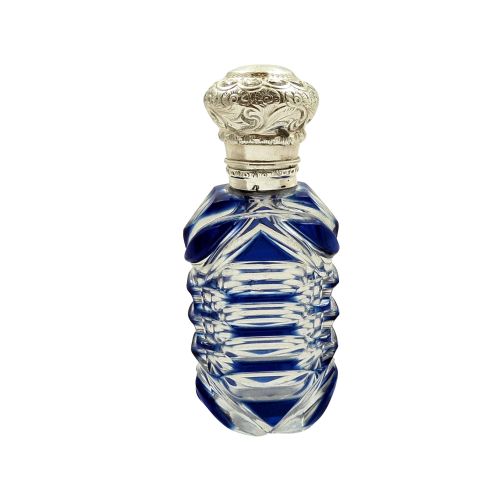 Antique Silver & Blue Overlay Glass Perfume / Scent Bottle C1890