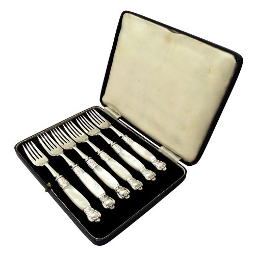 Set 6 Antique Edwardian Sterling Silver & Mother of Pearl Desert Forks 1903/1904