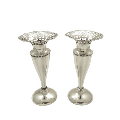 Pair of Antique Victorian Sterling Silver 7" Vases 1899