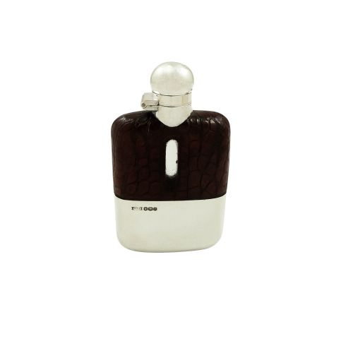 Antique Sterling Silver & Crocodile Leather Hip  Flask 1924