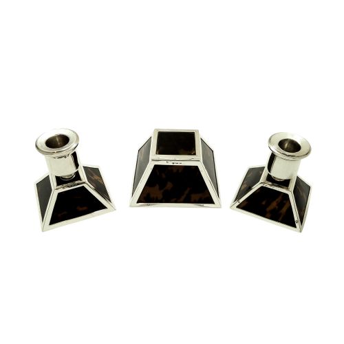 Antique Sterling Silver & Tortoiseshell Inkwell & Candlesticks Desk Set 1922