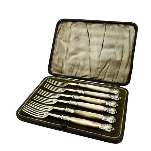 Set of 6 Antique Victorian Sterling Silver & Mother of Pearl Desert Forks 1896