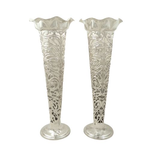 Pair of Antique Art Nouveau Sterling Silver 10 1/2" Vases 1905