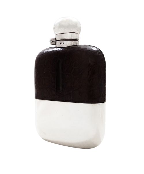 fig 1. Antique Victorian Silver Plated & Crocodile Leather Hip  Flask c1890