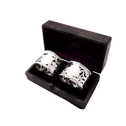 Pair of Antique Edwardian Sterling Silver Napkin Rings in Case 1904