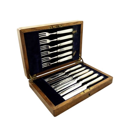 Antique Victorian Sterling Silver & Mother of Pearl Dessert Cutlery Set 1898