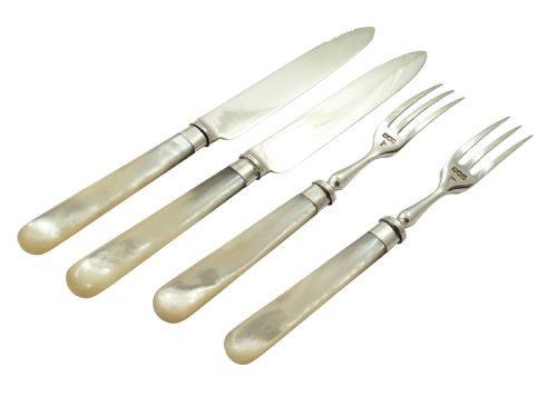 fig 1. Antique Victorian Sterling Silver & Mother of Pearl Dessert Cutlery Set 1898