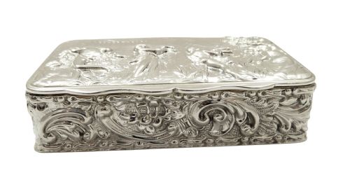fig 1. Antique Edwardian Sterling Silver Trinket Box with Scene 1901