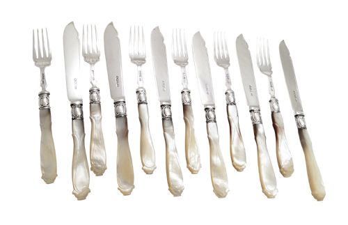 fig 1. Set of Antique Sterling Silver & Mother of Pearl Fish Knives and Forks for 6 - 1921