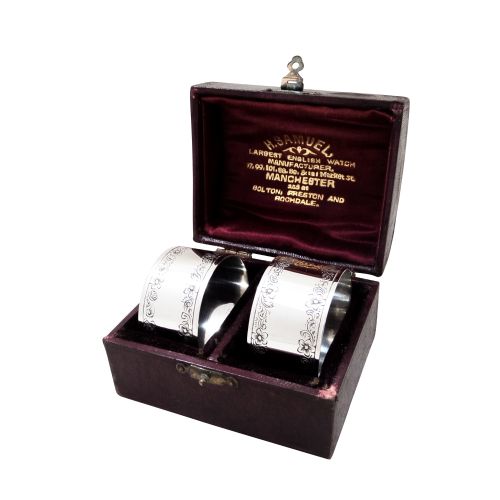 Pair of Antique Victorian Sterling Silver Napkin Rings in Case 1900