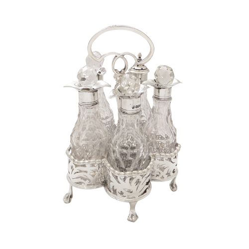 Antique Victorian Sterling Silver & Cut Glass Cruet Set 1900