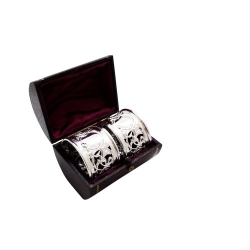 Pair of Antique Edwardian Sterling Silver Napkin Rings in Case 1903