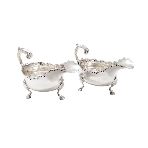 Pair of Antique Victorian Sterling Silver Gravy Boats / Sauce Jugs 1890