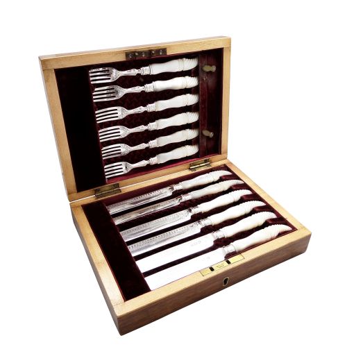 Set of Antique Victorian Sterling Silver & Mother of Pearl Dessert Cutlery 1897