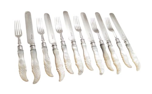 fig 1. Set of Antique Victorian Sterling Silver & Mother of Pearl Dessert Cutlery 1897