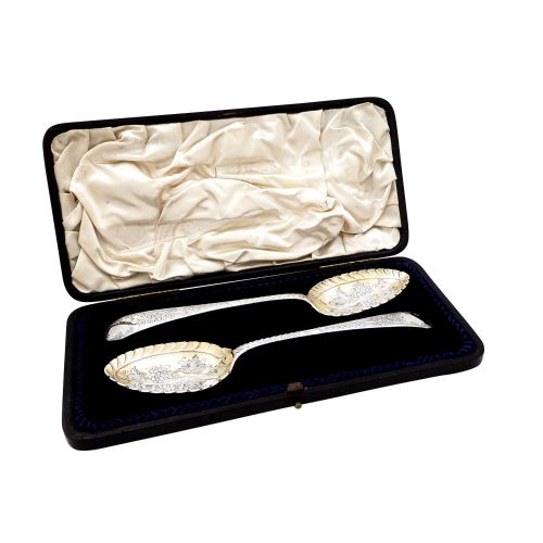 Pair of Antique Victorian Sterling Silver Berry Spoons in Case 1897