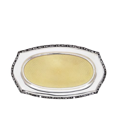 Antique Sterling Silver & Yellow Guilloche Enamel 6" Pin Tray 1925