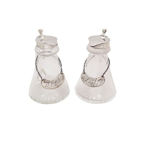 Pair of Antique Edwardian Sterling Silver & Glass Whisky Noggins / Jugs 1909