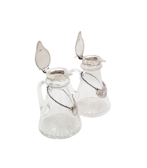 fig 1. Pair of Antique Edwardian Sterling Silver & Glass Whisky Noggins / Jugs 1909