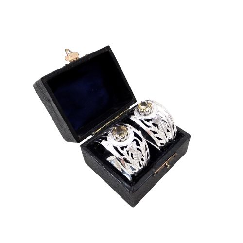 Pair of Antique Edwardian Sterling Silver 'Thistle' Napkin Rings in Case 1907