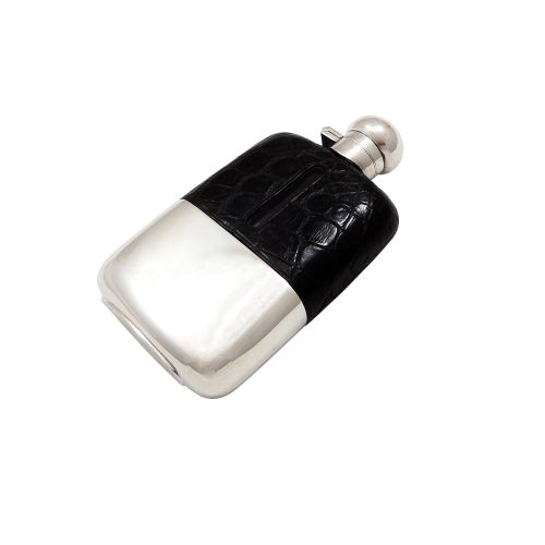 Antique Victorian Silver Plated & Crocodile Leather Hip Flask C1890