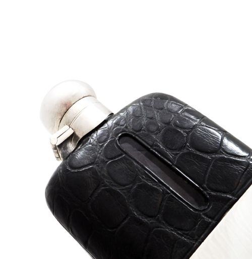 fig 1. Antique Victorian Silver Plated & Crocodile Leather Hip Flask c1890