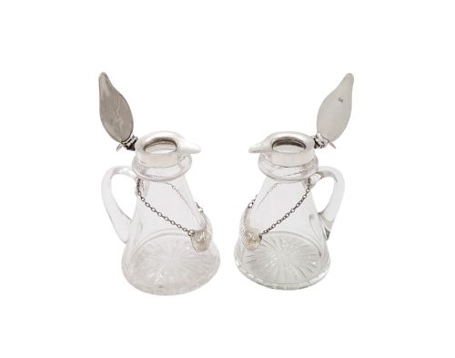 fig 1. Pair of Antique Sterling Silver & Glass Whisky Noggins/Jugs 1934