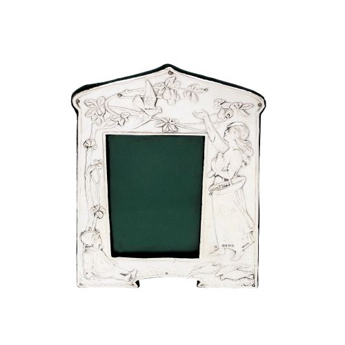 Antique Art Nouveau Sterling Silver 10" Photo Frame 1905 - Girl with Birds